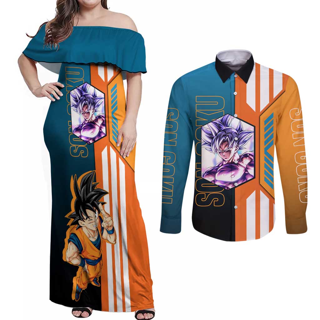 Son Goku from Dragon Ball Couples Matching Off Shoulder Maxi Dress and Long Sleeve Button Shirt with Orange Gi, Power Pose, and Energy Effect Design - The Mazicc