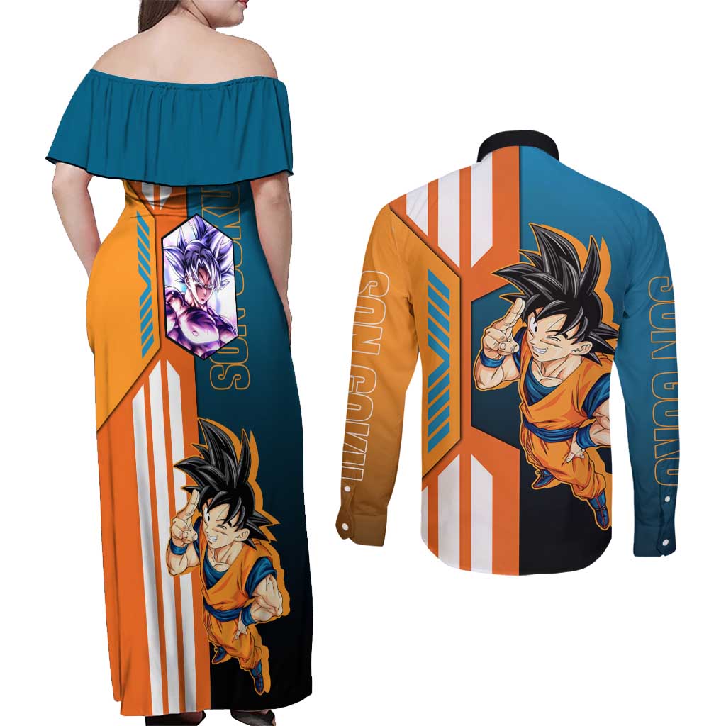 Son Goku from Dragon Ball Couples Matching Off Shoulder Maxi Dress and Long Sleeve Button Shirt with Orange Gi, Power Pose, and Energy Effect Design - The Mazicc