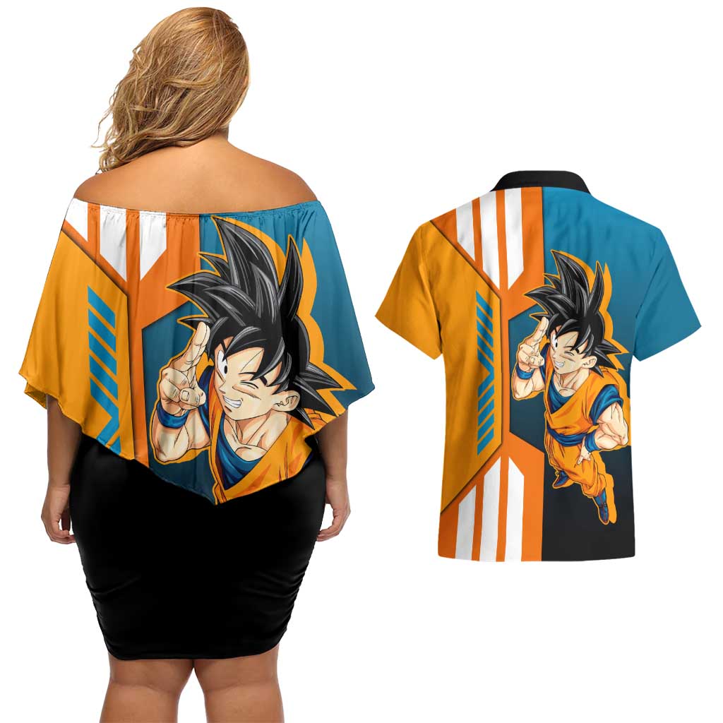 Son Goku from Dragon Ball Couples Matching Off Shoulder Short Dress and Hawaiian Shirt with Orange Gi, Power Pose, and Energy Effect Design - The Mazicc