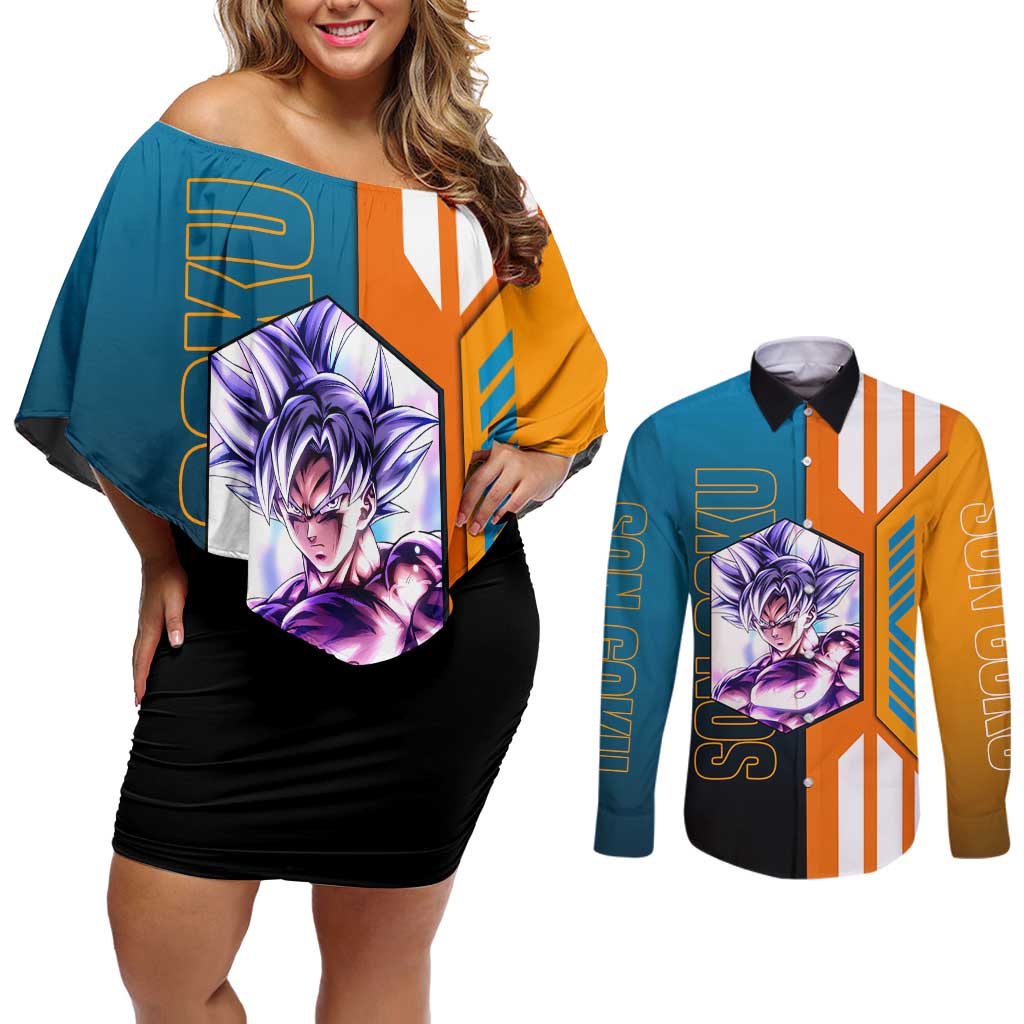 Son Goku from Dragon Ball Couples Matching Off Shoulder Short Dress and Long Sleeve Button Shirt with Orange Gi, Power Pose, and Energy Effect Design - The Mazicc