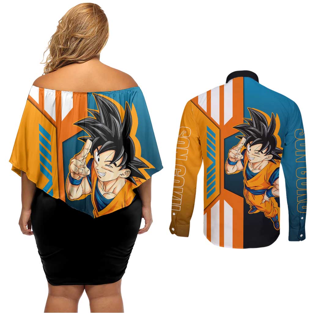 Son Goku from Dragon Ball Couples Matching Off Shoulder Short Dress and Long Sleeve Button Shirt with Orange Gi, Power Pose, and Energy Effect Design - The Mazicc