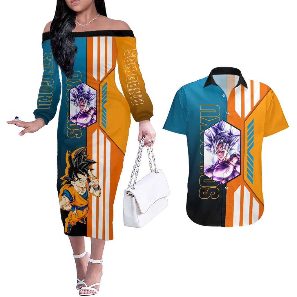 Son Goku from Dragon Ball Couples Matching Off The Shoulder Long Sleeve Dress and Hawaiian Shirt with Orange Gi, Power Pose, and Energy Effect Design - The Mazicc