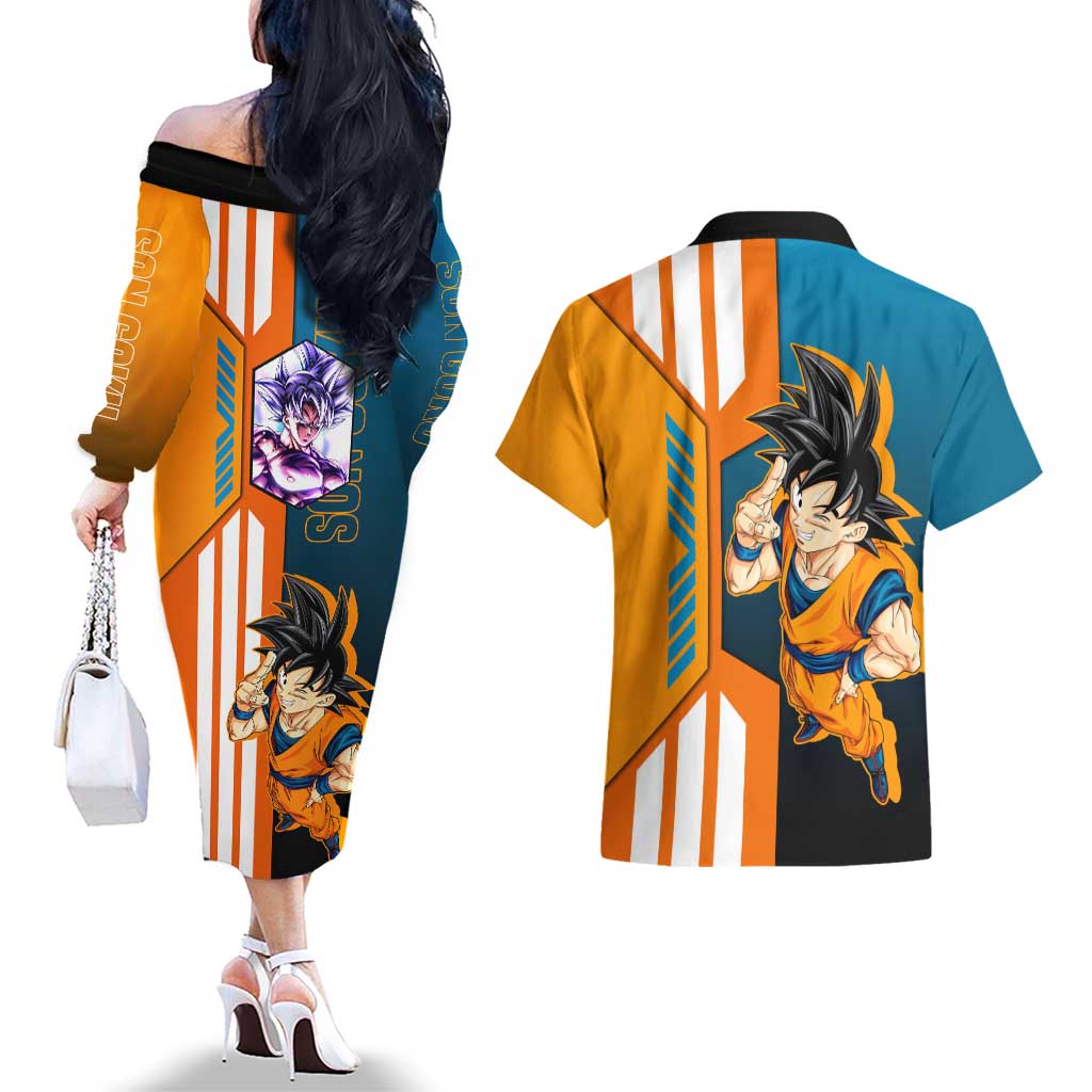 Son Goku from Dragon Ball Couples Matching Off The Shoulder Long Sleeve Dress and Hawaiian Shirt with Orange Gi, Power Pose, and Energy Effect Design - The Mazicc