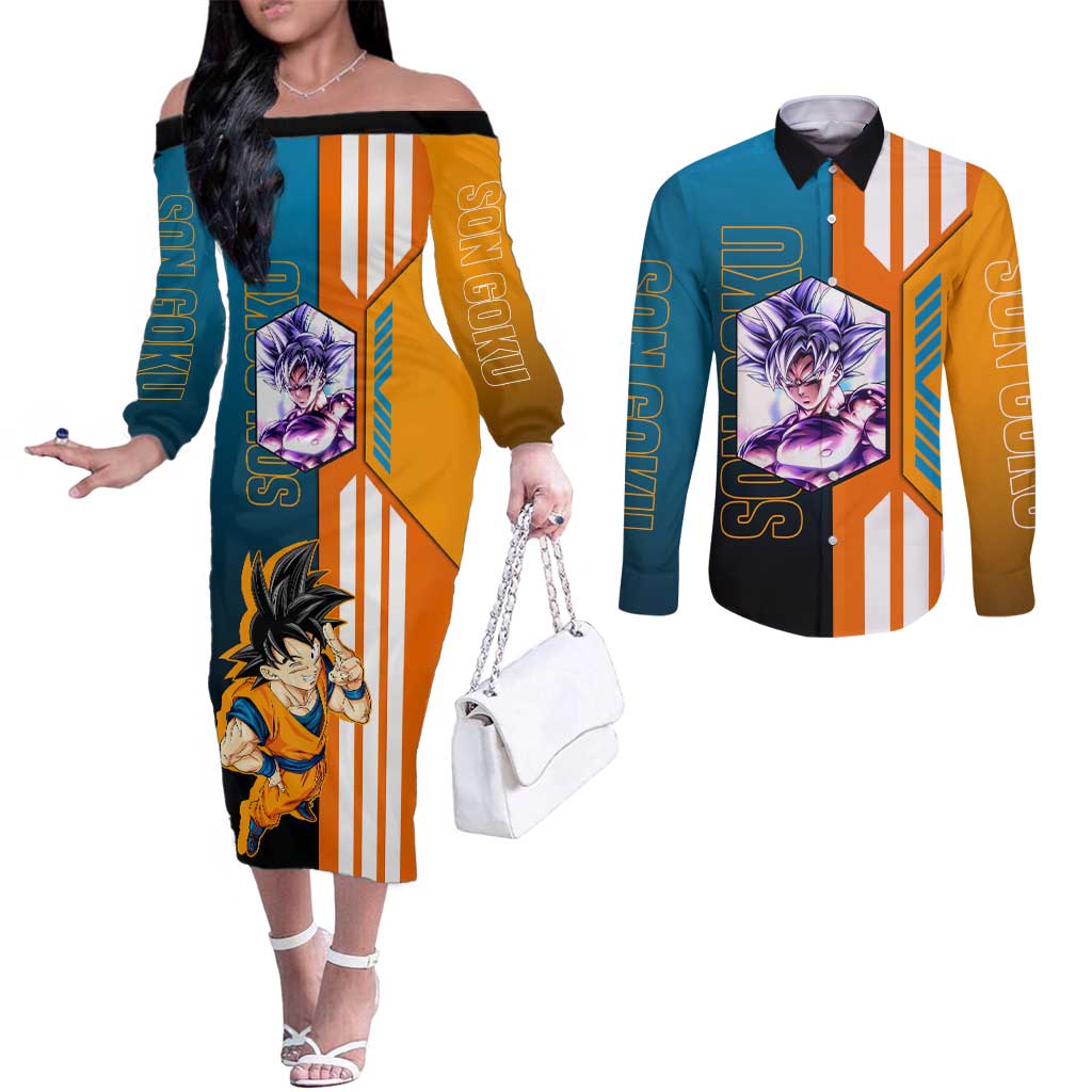 Son Goku from Dragon Ball Couples Matching Off The Shoulder Long Sleeve Dress and Long Sleeve Button Shirt with Orange Gi, Power Pose, and Energy Effect Design - The Mazicc