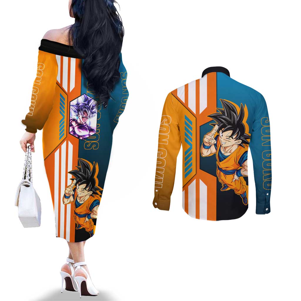 Son Goku from Dragon Ball Couples Matching Off The Shoulder Long Sleeve Dress and Long Sleeve Button Shirt with Orange Gi, Power Pose, and Energy Effect Design - The Mazicc