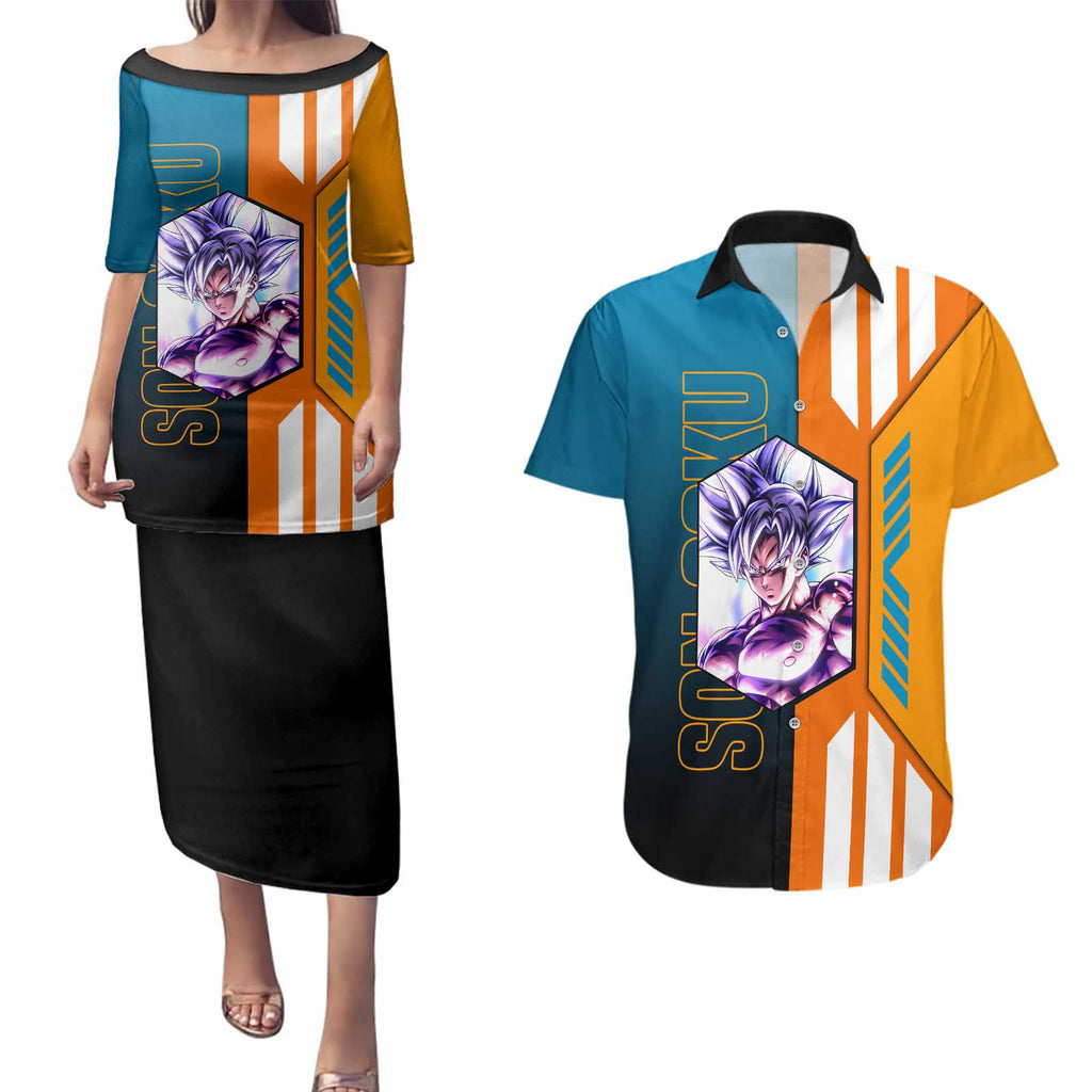 Son Goku from Dragon Ball Couples Matching Puletasi and Hawaiian Shirt with Orange Gi, Power Pose, and Energy Effect Design - The Mazicc