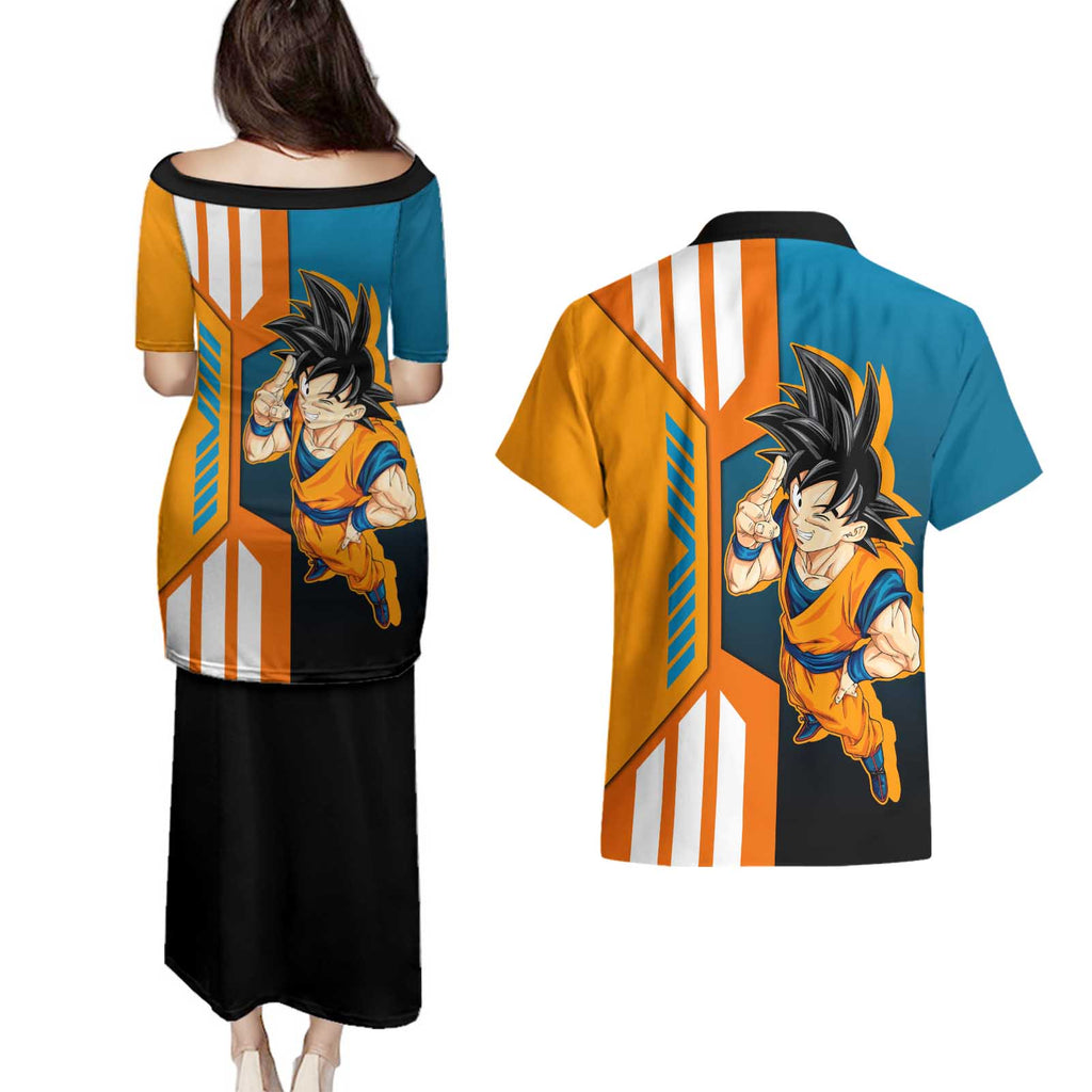 Son Goku from Dragon Ball Couples Matching Puletasi and Hawaiian Shirt with Orange Gi, Power Pose, and Energy Effect Design - The Mazicc