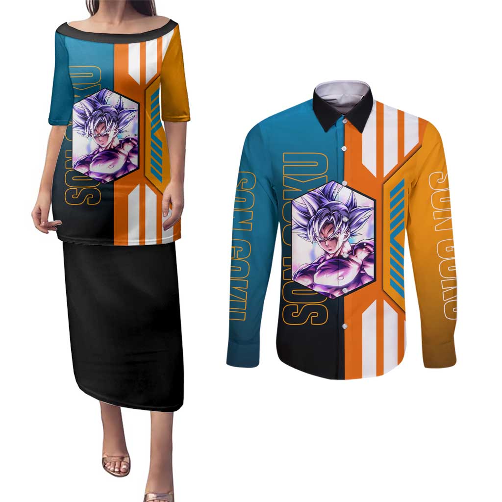 Son Goku from Dragon Ball Couples Matching Puletasi and Long Sleeve Button Shirt with Orange Gi, Power Pose, and Energy Effect Design - The Mazicc