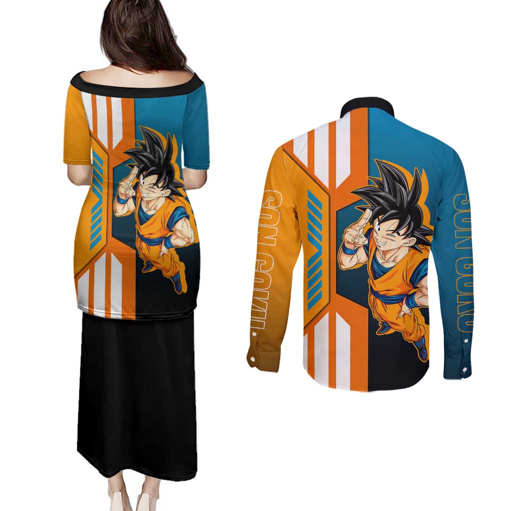 Son Goku from Dragon Ball Couples Matching Puletasi and Long Sleeve Button Shirt with Orange Gi, Power Pose, and Energy Effect Design - The Mazicc