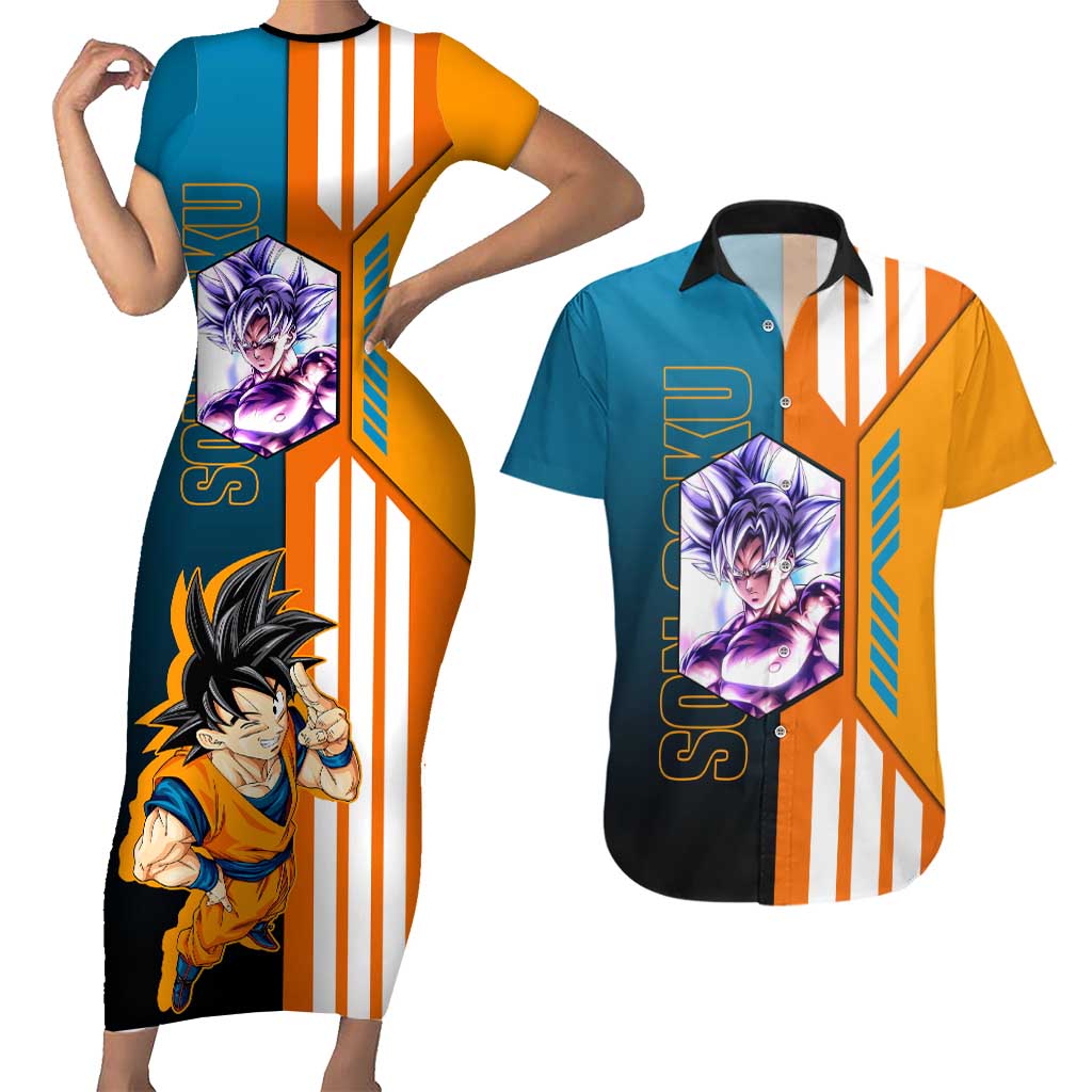 Son Goku from Dragon Ball Couples Matching Short Sleeve Bodycon Dress and Hawaiian Shirt with Orange Gi, Power Pose, and Energy Effect Design - The Mazicc