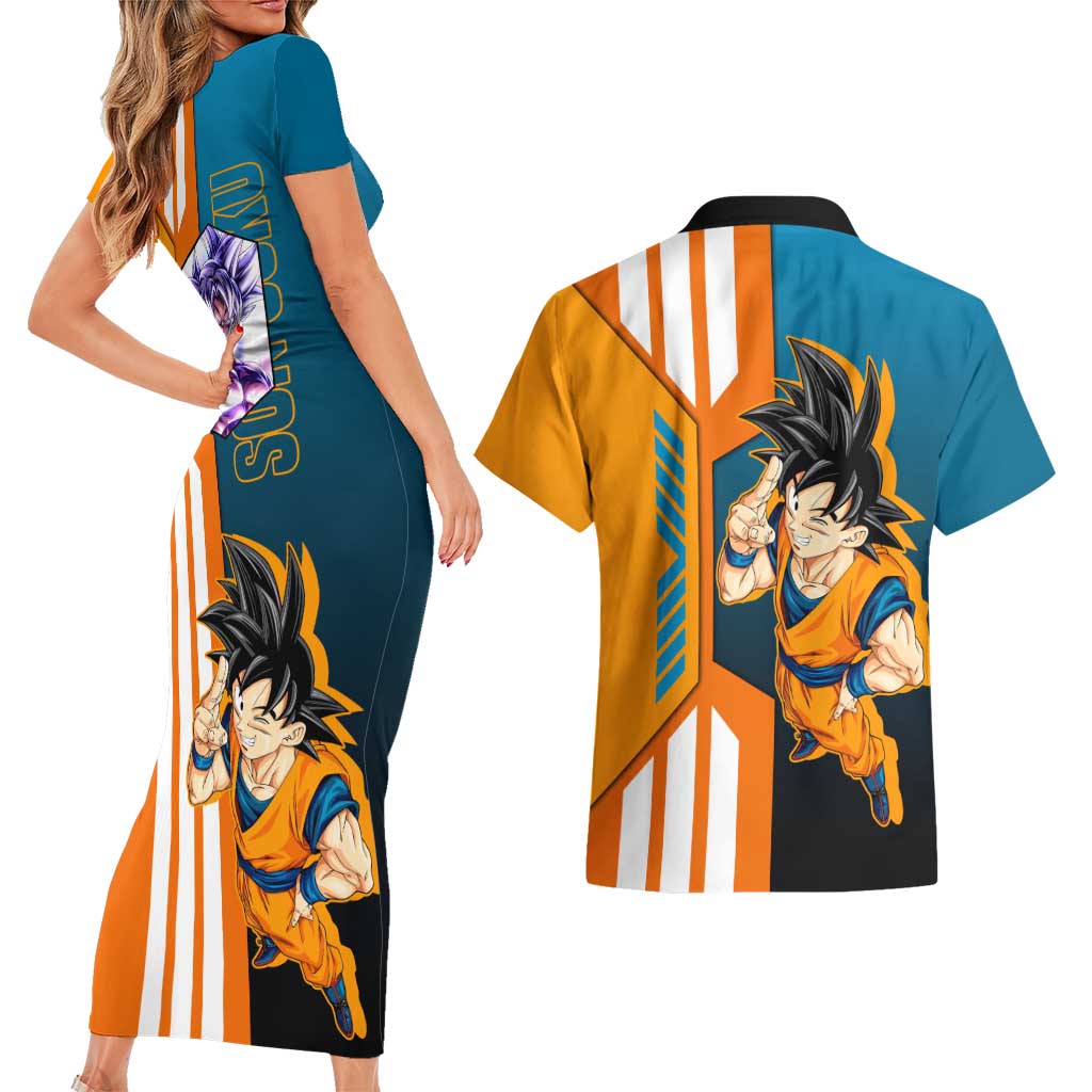 Son Goku from Dragon Ball Couples Matching Short Sleeve Bodycon Dress and Hawaiian Shirt with Orange Gi, Power Pose, and Energy Effect Design - The Mazicc