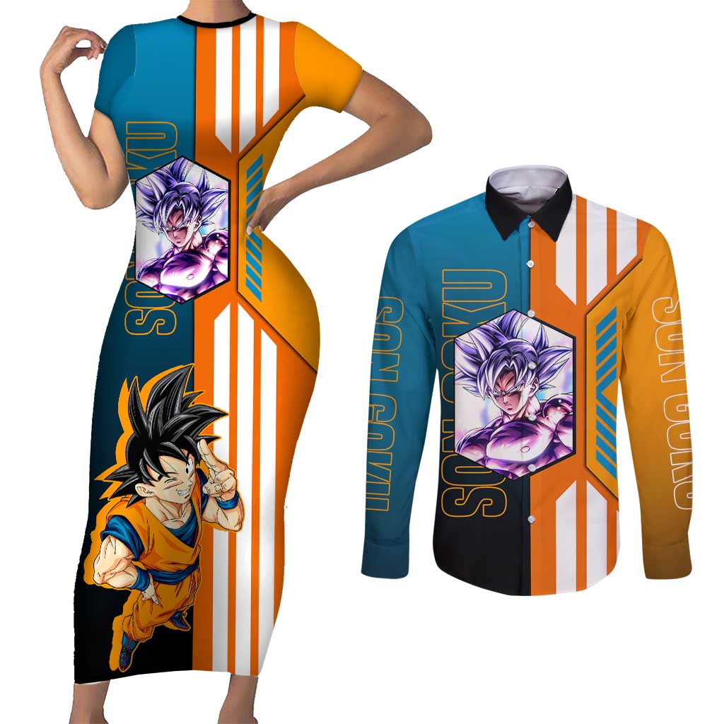 Son Goku from Dragon Ball Couples Matching Short Sleeve Bodycon Dress and Long Sleeve Button Shirt with Orange Gi, Power Pose, and Energy Effect Design - The Mazicc