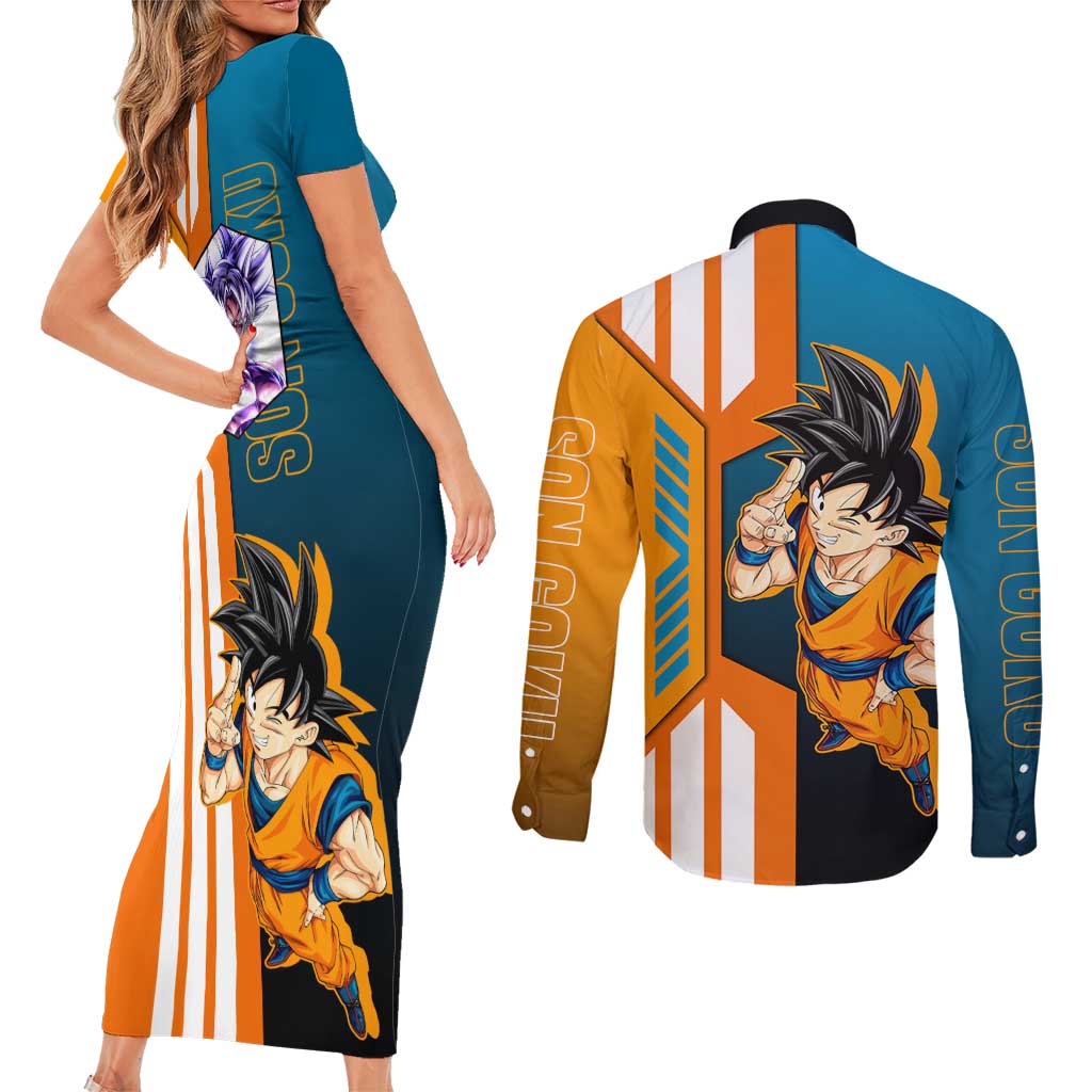 Son Goku from Dragon Ball Couples Matching Short Sleeve Bodycon Dress and Long Sleeve Button Shirt with Orange Gi, Power Pose, and Energy Effect Design - The Mazicc