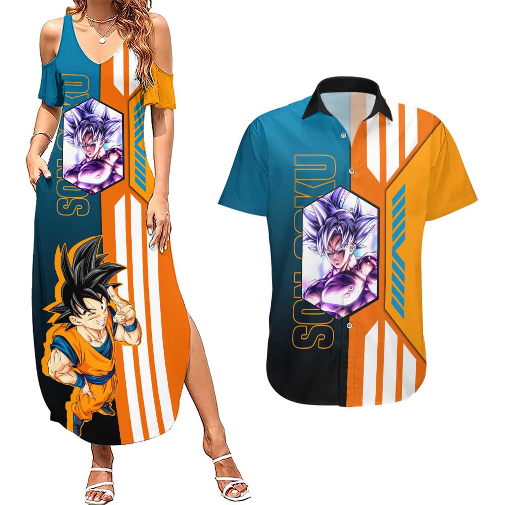 Son Goku from Dragon Ball Couples Matching Summer Maxi Dress and Hawaiian Shirt with Orange Gi, Power Pose, and Energy Effect Design - The Mazicc