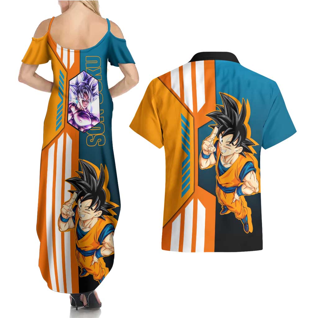 Son Goku from Dragon Ball Couples Matching Summer Maxi Dress and Hawaiian Shirt with Orange Gi, Power Pose, and Energy Effect Design - The Mazicc