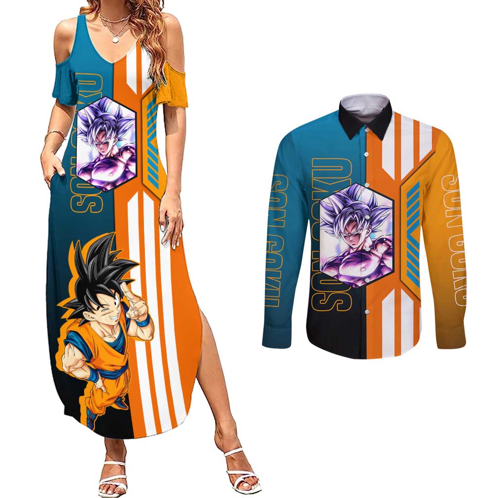 Son Goku from Dragon Ball Couples Matching Summer Maxi Dress and Long Sleeve Button Shirt with Orange Gi, Power Pose, and Energy Effect Design - The Mazicc