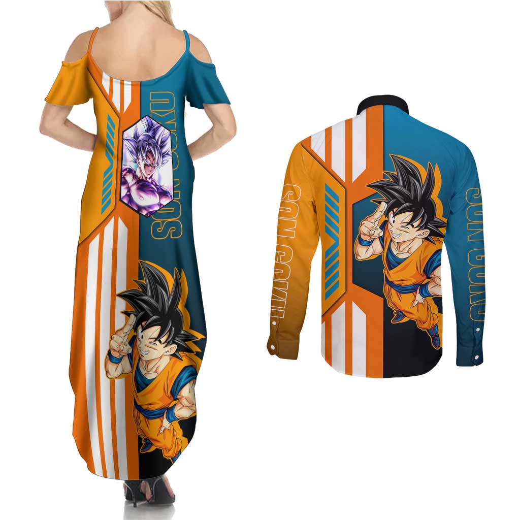 Son Goku from Dragon Ball Couples Matching Summer Maxi Dress and Long Sleeve Button Shirt with Orange Gi, Power Pose, and Energy Effect Design - The Mazicc
