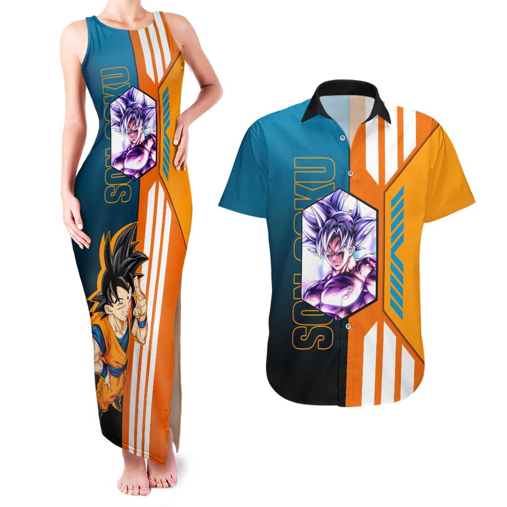 Son Goku from Dragon Ball Couples Matching Tank Maxi Dress and Hawaiian Shirt with Orange Gi, Power Pose, and Energy Effect Design - The Mazicc