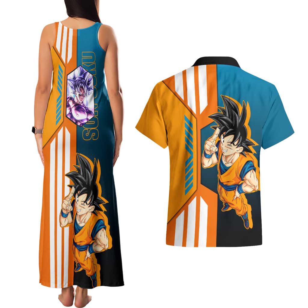 Son Goku from Dragon Ball Couples Matching Tank Maxi Dress and Hawaiian Shirt with Orange Gi, Power Pose, and Energy Effect Design - The Mazicc