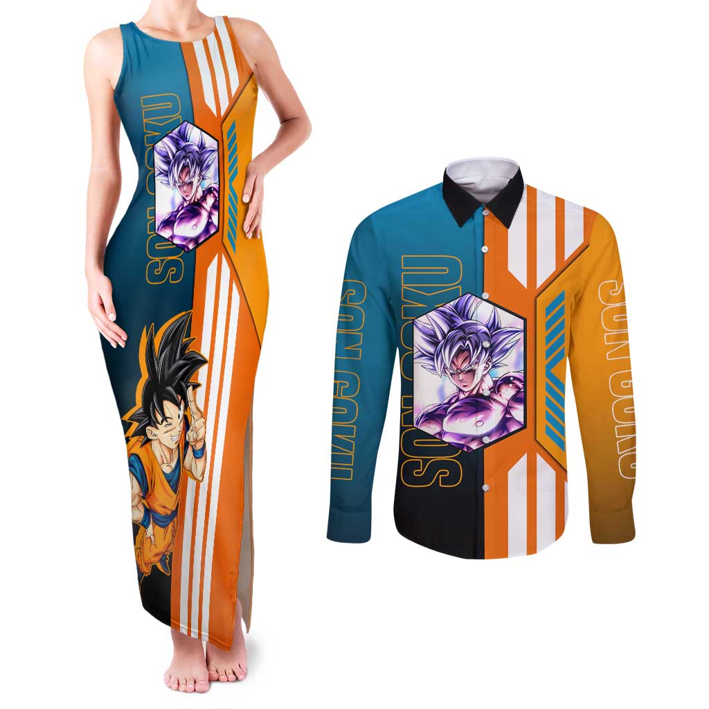 Son Goku from Dragon Ball Couples Matching Tank Maxi Dress and Long Sleeve Button Shirt with Orange Gi, Power Pose, and Energy Effect Design - The Mazicc