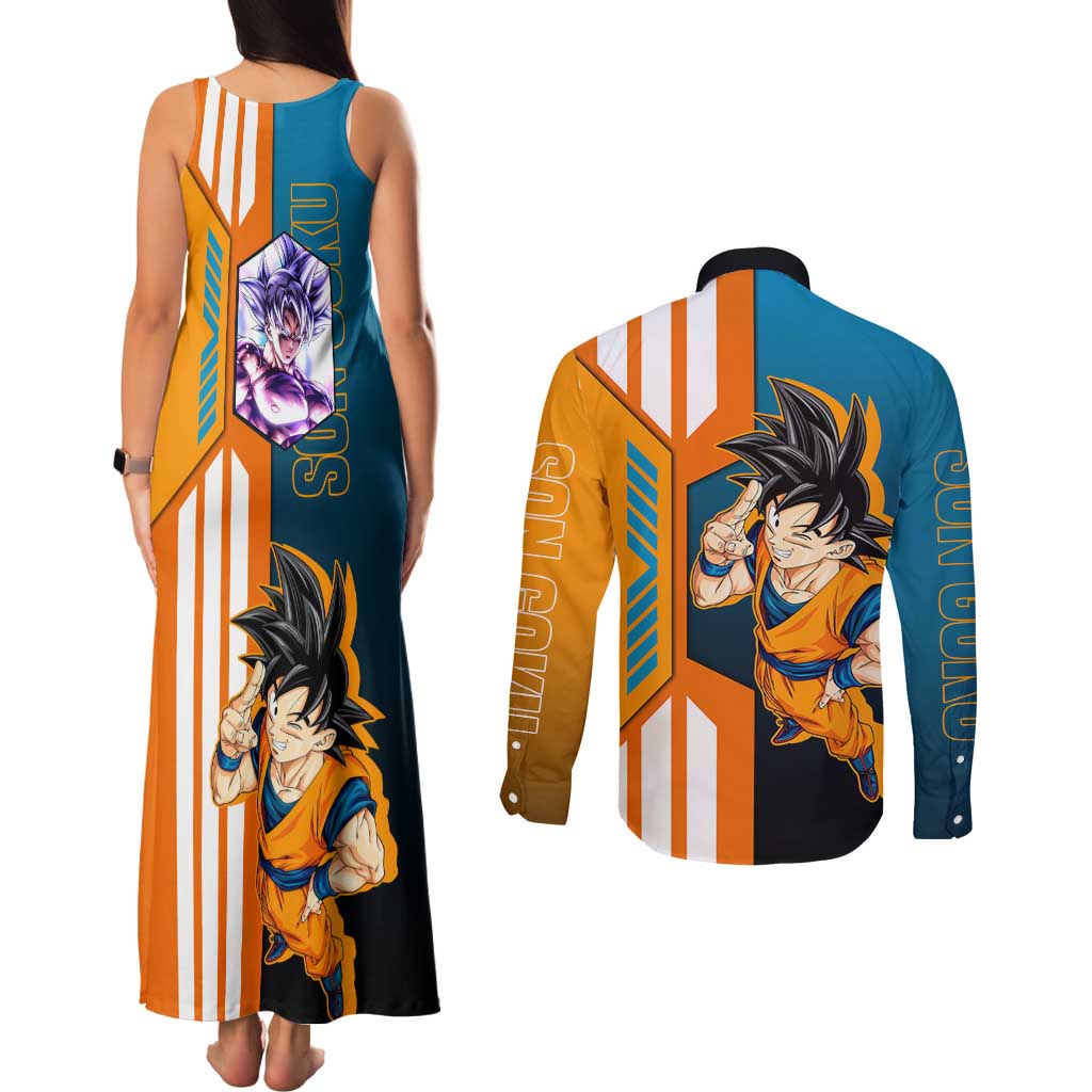 Son Goku from Dragon Ball Couples Matching Tank Maxi Dress and Long Sleeve Button Shirt with Orange Gi, Power Pose, and Energy Effect Design - The Mazicc