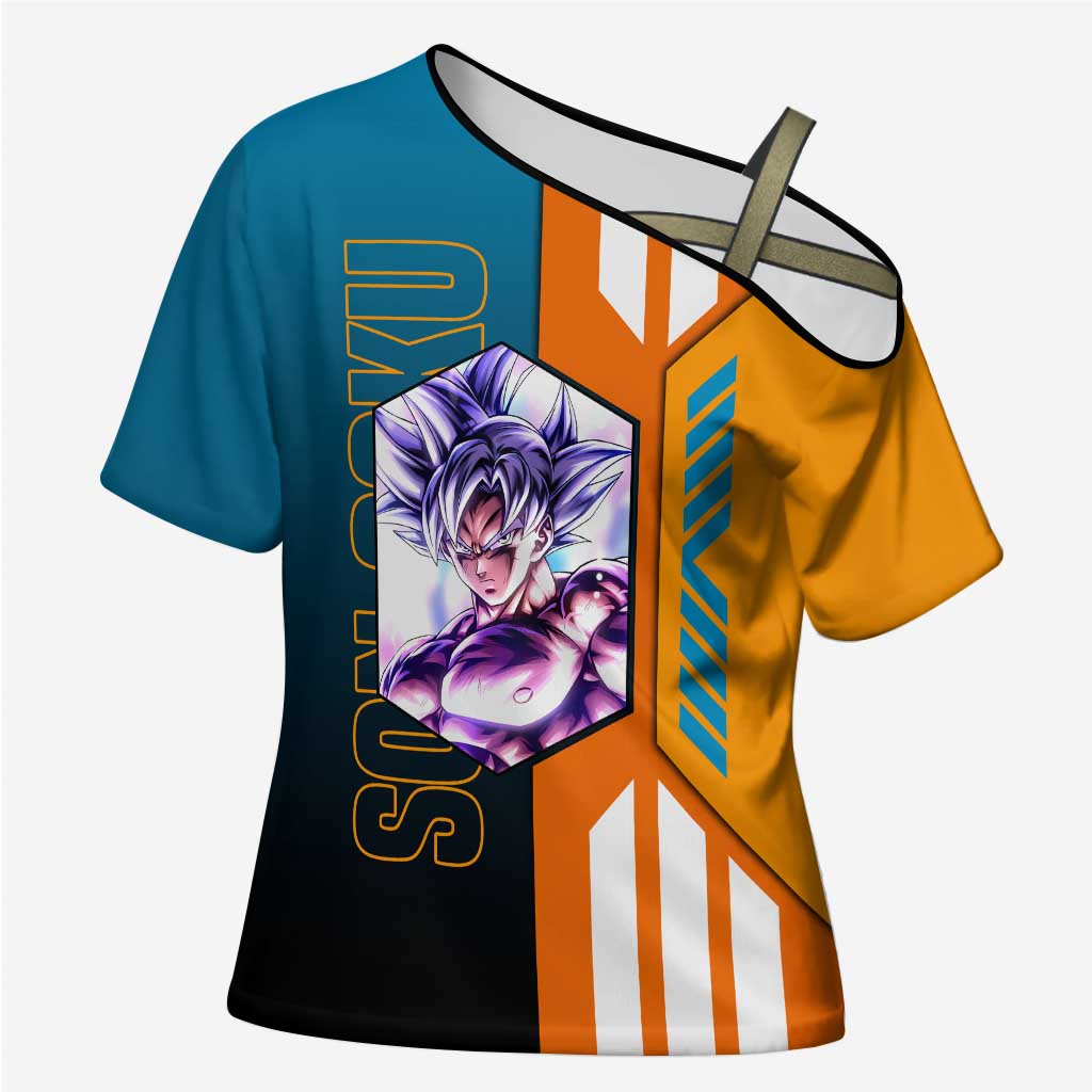 Son Goku from Dragon Ball Cross Shoulder Shirt with Orange Gi, Power Pose, and Energy Effect Design - The Mazicc