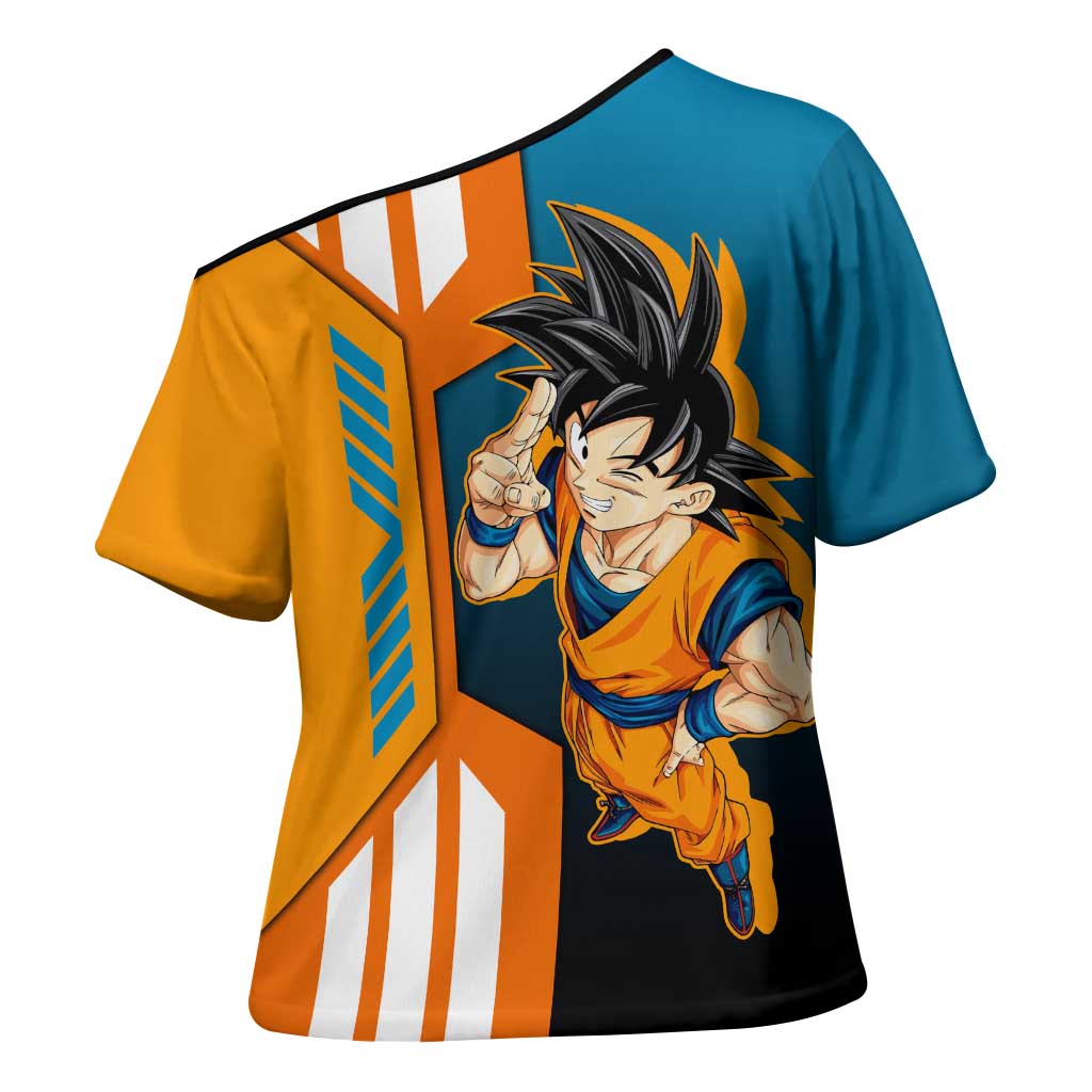 Son Goku from Dragon Ball Cross Shoulder Shirt with Orange Gi, Power Pose, and Energy Effect Design - The Mazicc