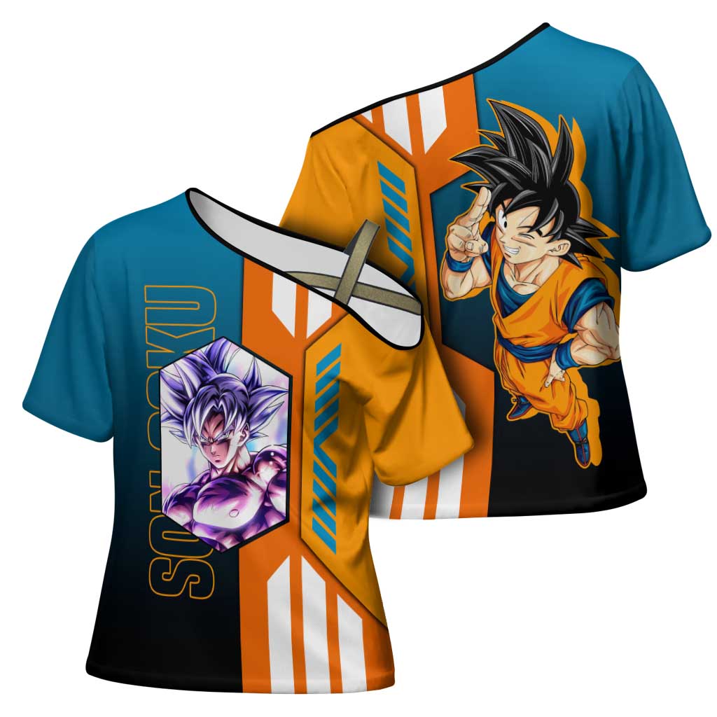 Son Goku from Dragon Ball Cross Shoulder Shirt with Orange Gi, Power Pose, and Energy Effect Design - The Mazicc