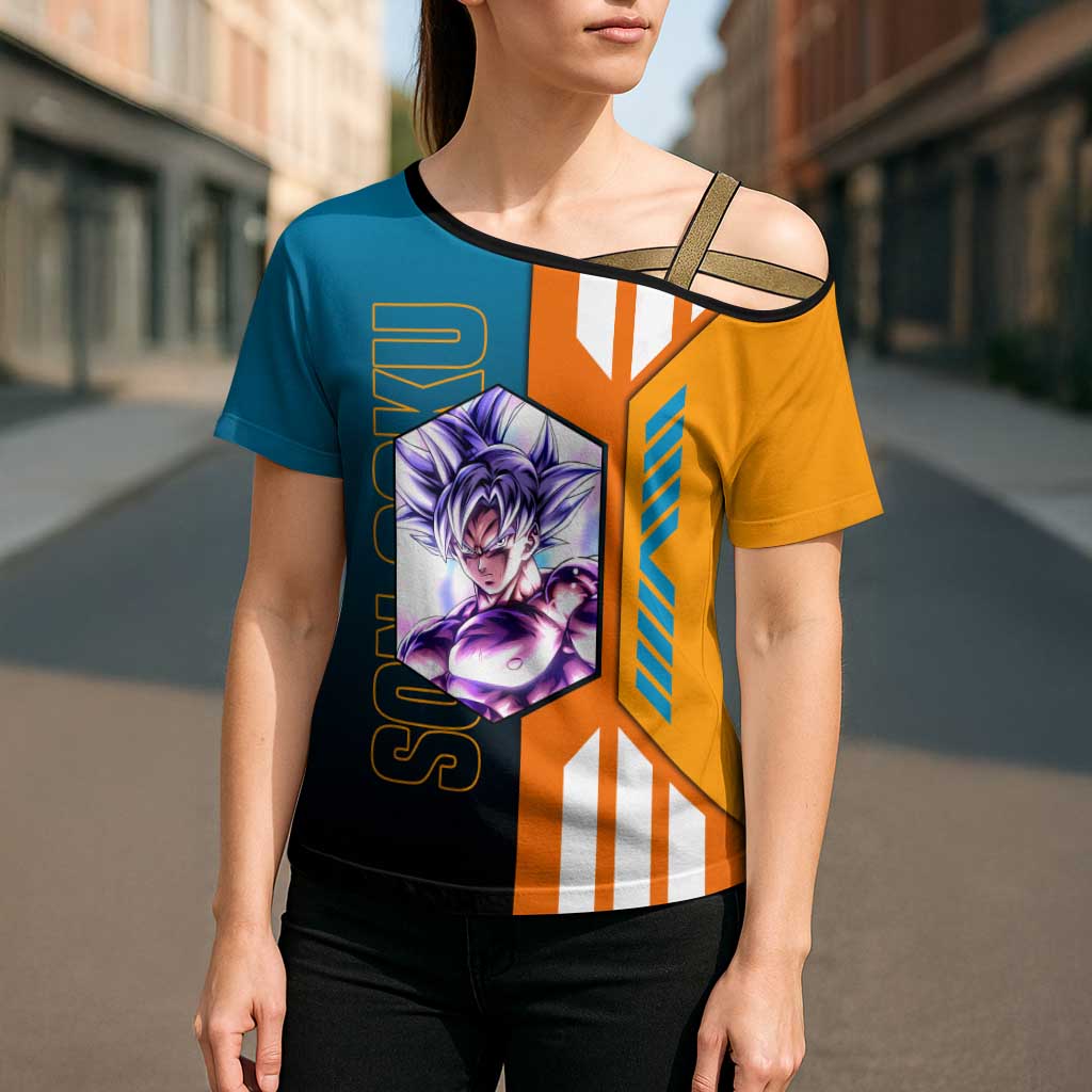 Son Goku from Dragon Ball Cross Shoulder Shirt with Orange Gi, Power Pose, and Energy Effect Design - The Mazicc