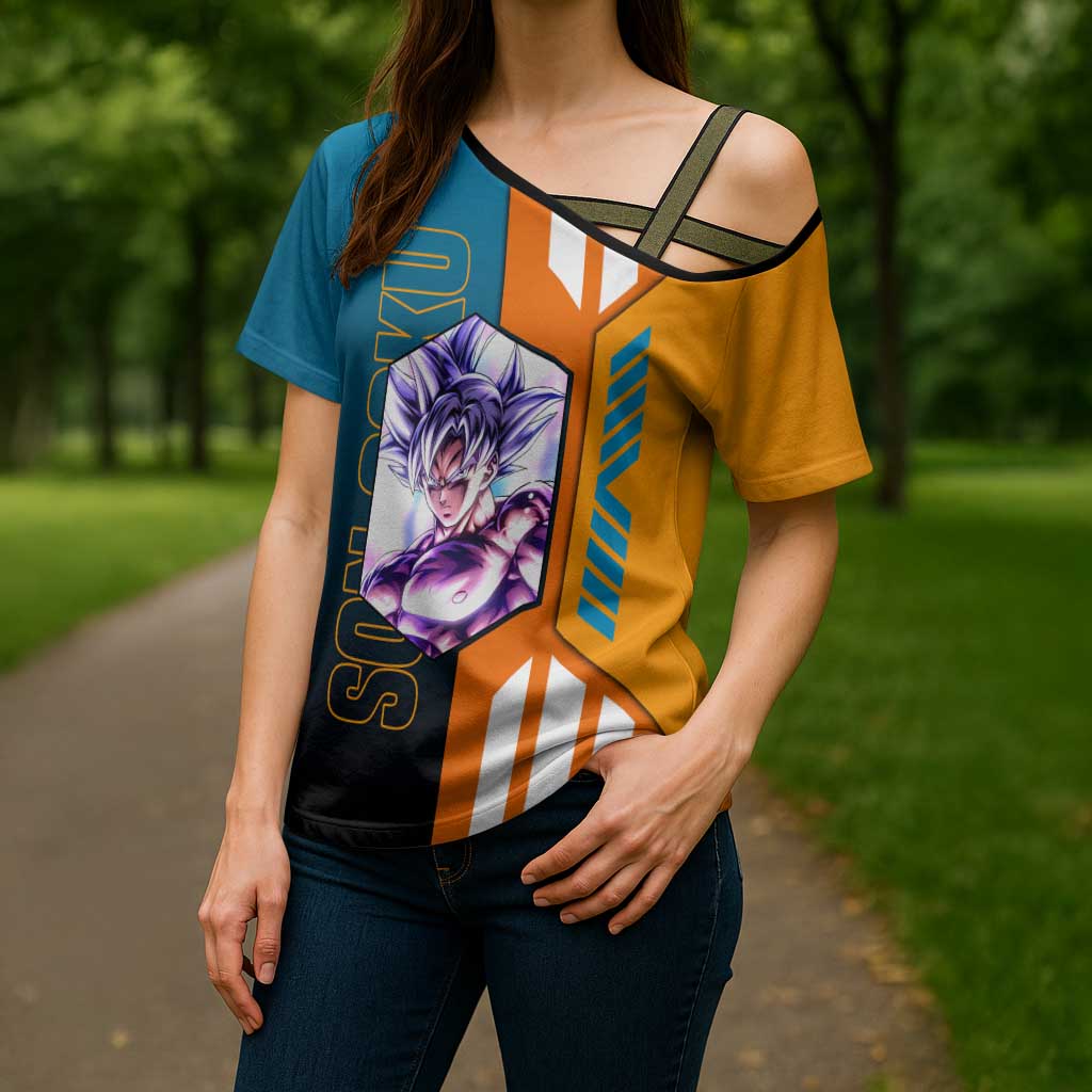 Son Goku from Dragon Ball Cross Shoulder Shirt with Orange Gi, Power Pose, and Energy Effect Design - The Mazicc