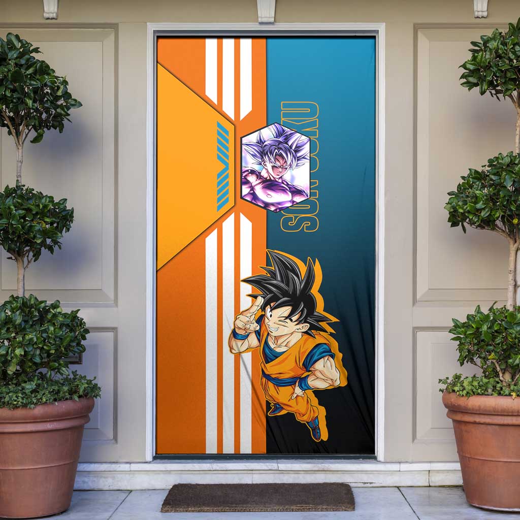 Son Goku from Dragon Ball Door Cover with Orange Gi, Power Pose, and Energy Effect Design - The Mazicc
