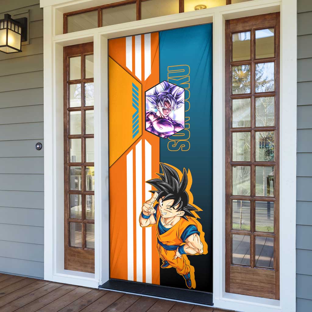 Son Goku from Dragon Ball Door Cover with Orange Gi, Power Pose, and Energy Effect Design - The Mazicc