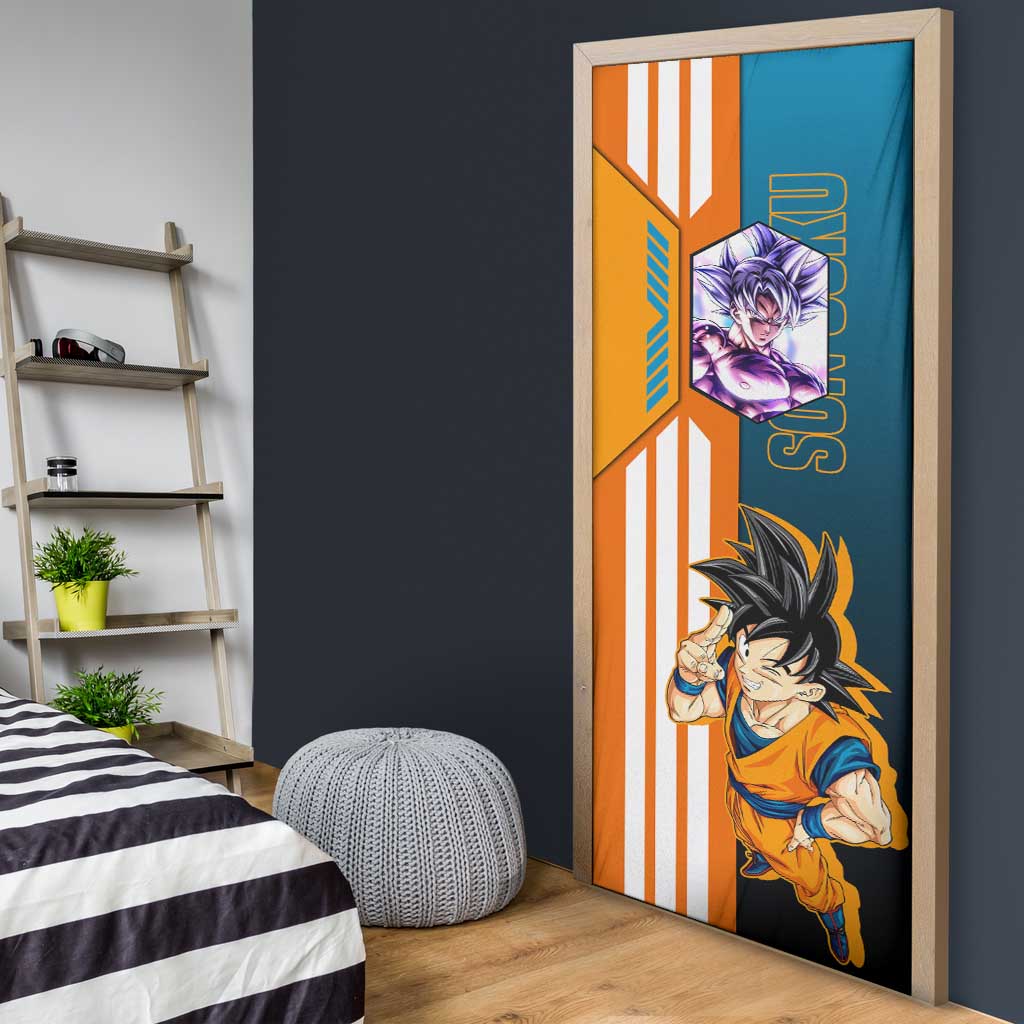 Son Goku from Dragon Ball Door Cover with Orange Gi, Power Pose, and Energy Effect Design - The Mazicc