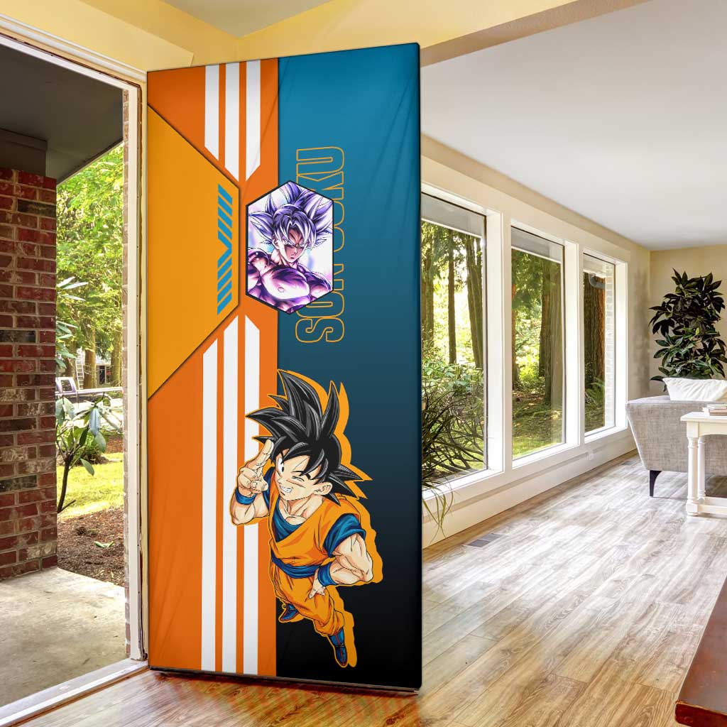 Son Goku from Dragon Ball Door Cover with Orange Gi, Power Pose, and Energy Effect Design - The Mazicc