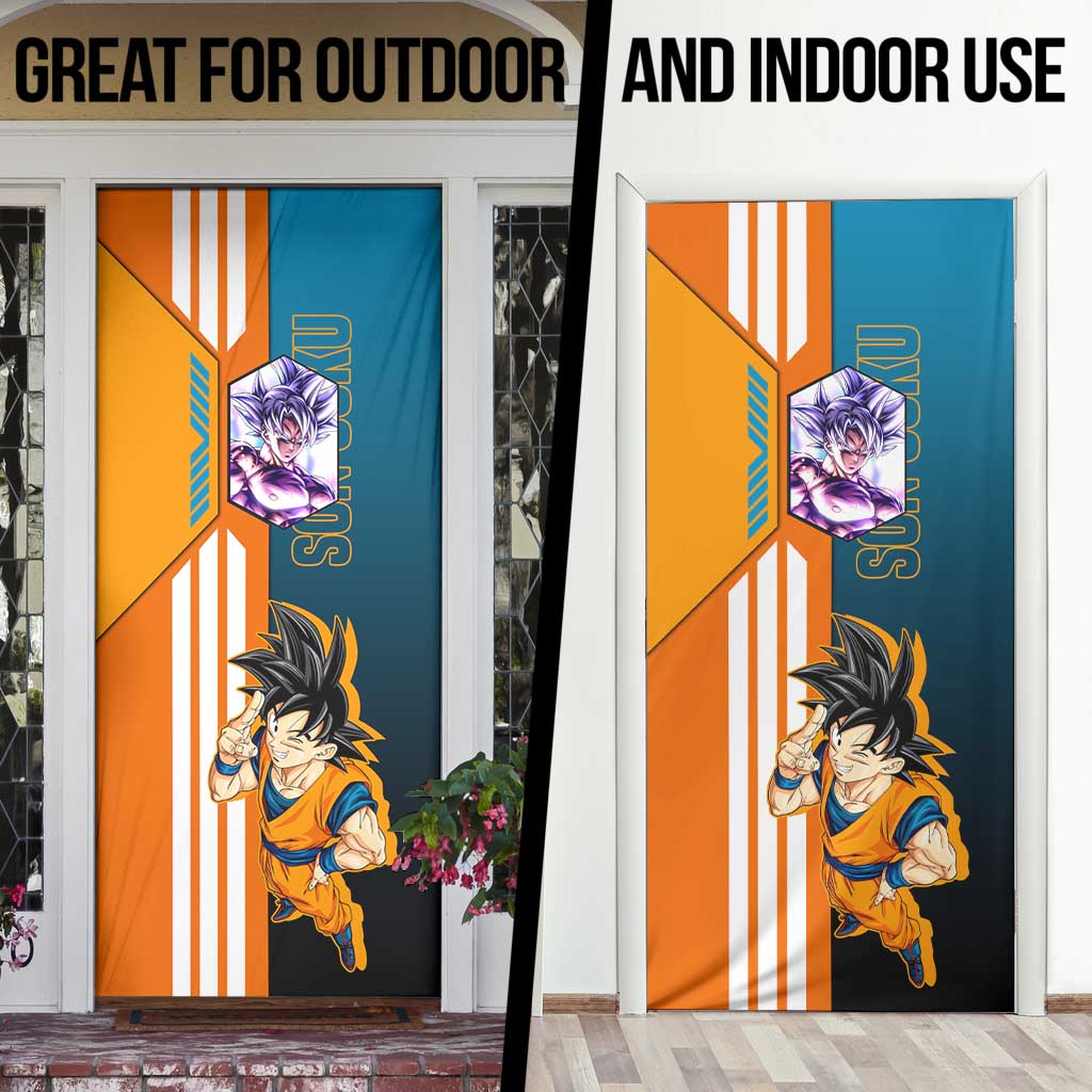 Son Goku from Dragon Ball Door Cover with Orange Gi, Power Pose, and Energy Effect Design - The Mazicc