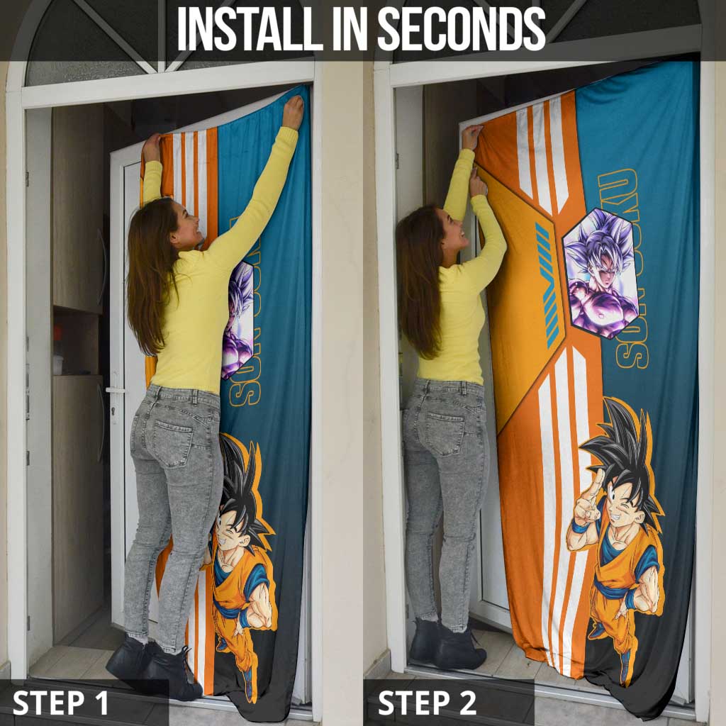 Son Goku from Dragon Ball Door Cover with Orange Gi, Power Pose, and Energy Effect Design - The Mazicc