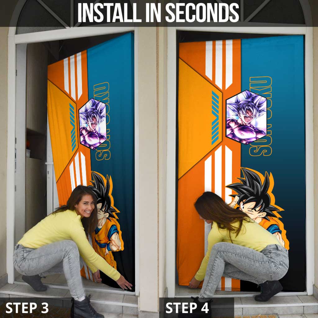 Son Goku from Dragon Ball Door Cover with Orange Gi, Power Pose, and Energy Effect Design - The Mazicc