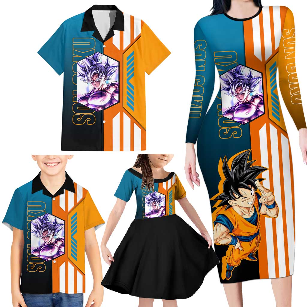 Son Goku from Dragon Ball Family Matching Long Sleeve Bodycon Dress and Hawaiian Shirt with Orange Gi, Power Pose, and Energy Effect Design - The Mazicc