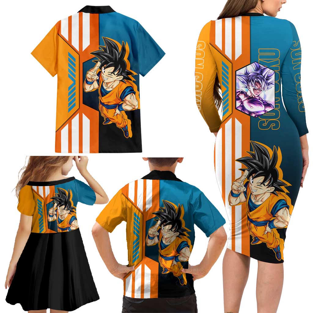 Son Goku from Dragon Ball Family Matching Long Sleeve Bodycon Dress and Hawaiian Shirt with Orange Gi, Power Pose, and Energy Effect Design - The Mazicc