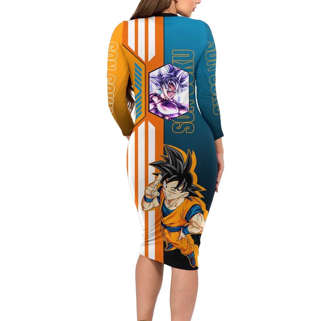 Son Goku from Dragon Ball Family Matching Long Sleeve Bodycon Dress and Hawaiian Shirt with Orange Gi, Power Pose, and Energy Effect Design - The Mazicc