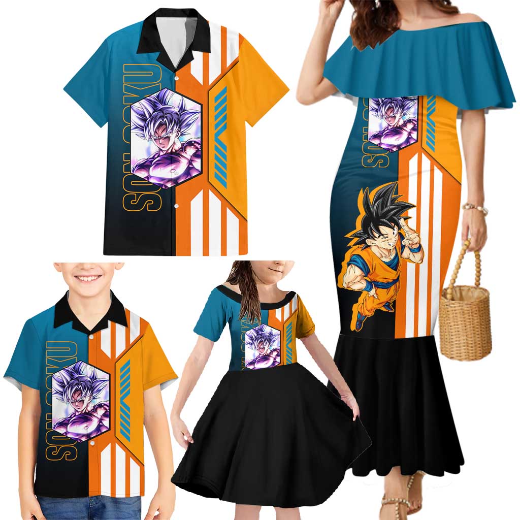 Son Goku from Dragon Ball Family Matching Mermaid Dress and Hawaiian Shirt with Orange Gi, Power Pose, and Energy Effect Design - The Mazicc