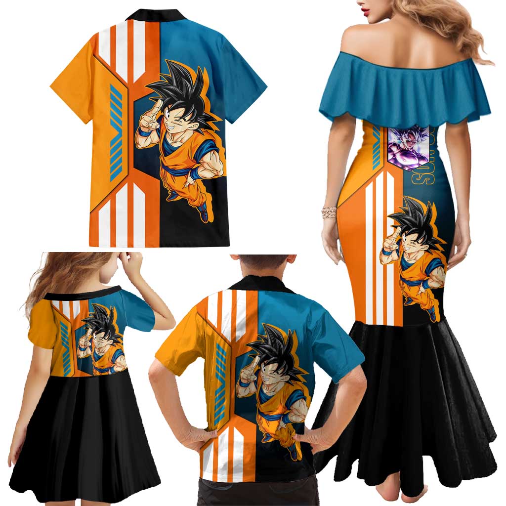 Son Goku from Dragon Ball Family Matching Mermaid Dress and Hawaiian Shirt with Orange Gi, Power Pose, and Energy Effect Design - The Mazicc
