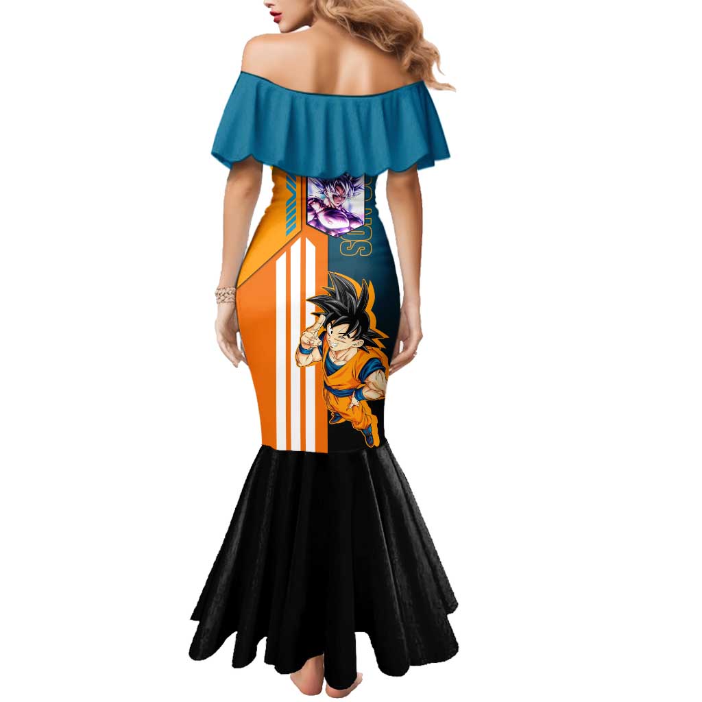 Son Goku from Dragon Ball Family Matching Mermaid Dress and Hawaiian Shirt with Orange Gi, Power Pose, and Energy Effect Design - The Mazicc
