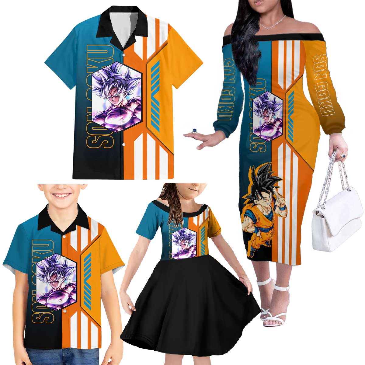 Son Goku from Dragon Ball Family Matching Off The Shoulder Long Sleeve Dress and Hawaiian Shirt with Orange Gi, Power Pose, and Energy Effect Design - The Mazicc
