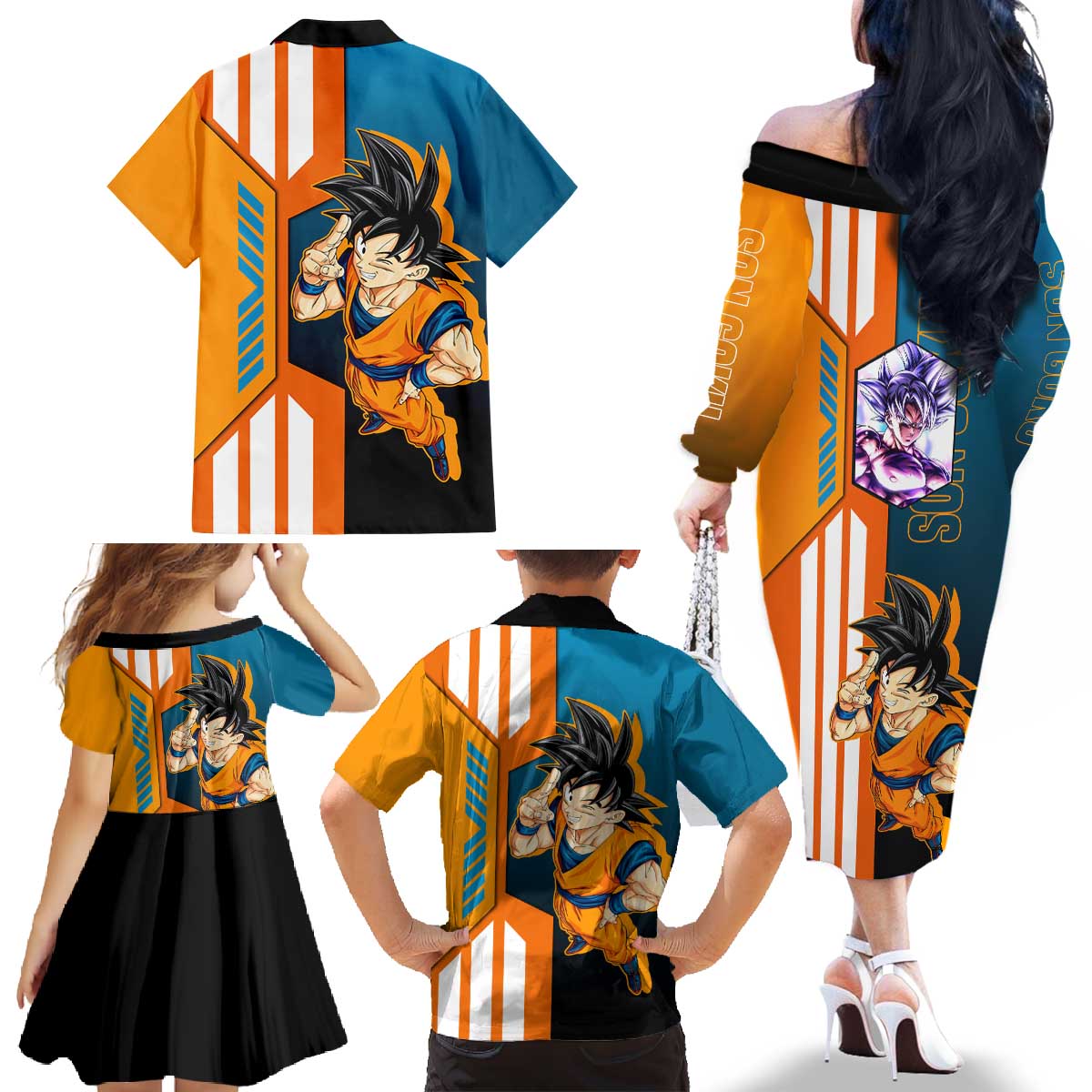 Son Goku from Dragon Ball Family Matching Off The Shoulder Long Sleeve Dress and Hawaiian Shirt with Orange Gi, Power Pose, and Energy Effect Design - The Mazicc