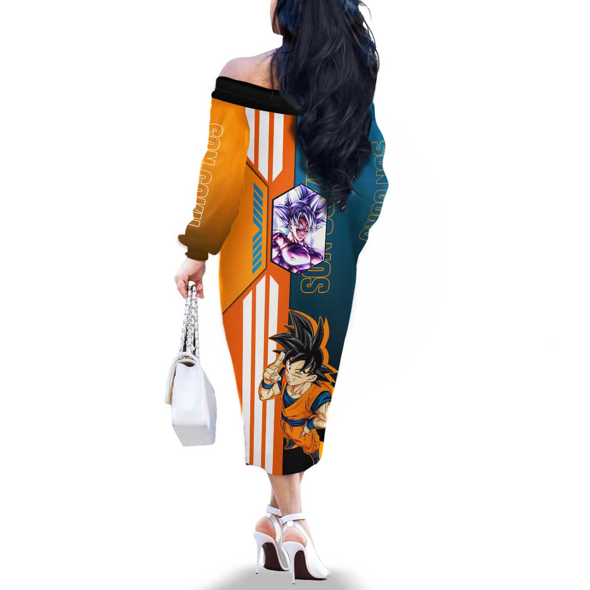 Son Goku from Dragon Ball Family Matching Off The Shoulder Long Sleeve Dress and Hawaiian Shirt with Orange Gi, Power Pose, and Energy Effect Design - The Mazicc