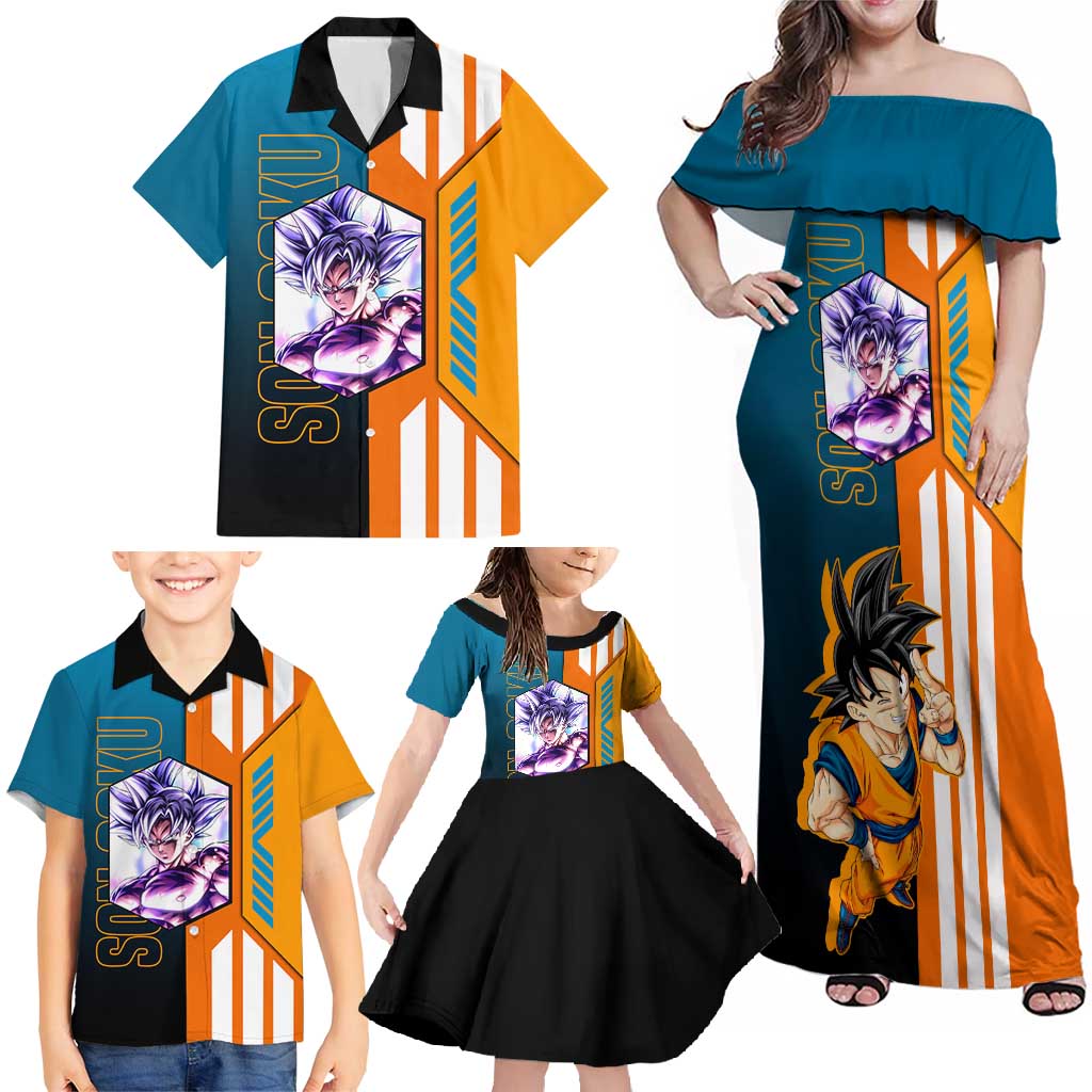 Son Goku from Dragon Ball Family Matching Off Shoulder Maxi Dress and Hawaiian Shirt with Orange Gi, Power Pose, and Energy Effect Design - The Mazicc