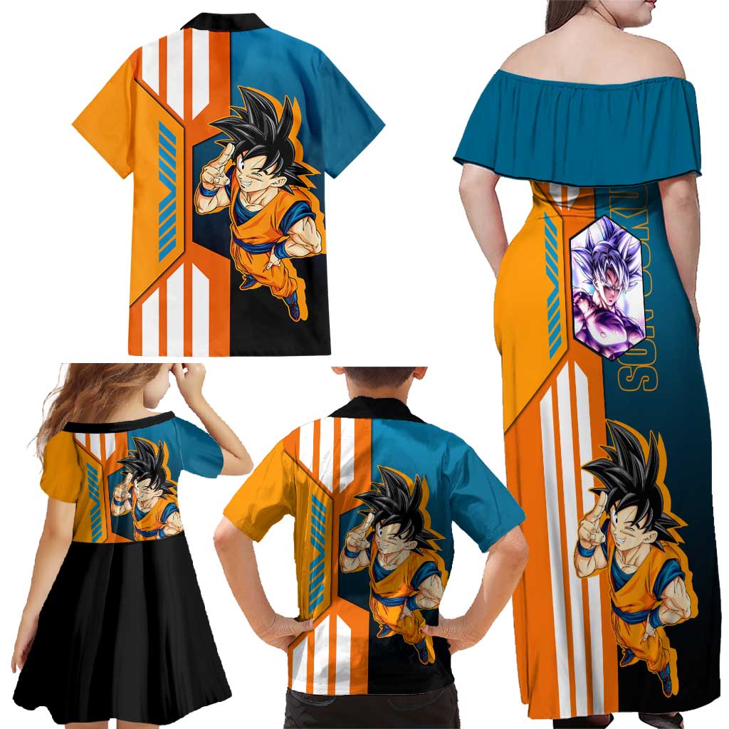 Son Goku from Dragon Ball Family Matching Off Shoulder Maxi Dress and Hawaiian Shirt with Orange Gi, Power Pose, and Energy Effect Design - The Mazicc