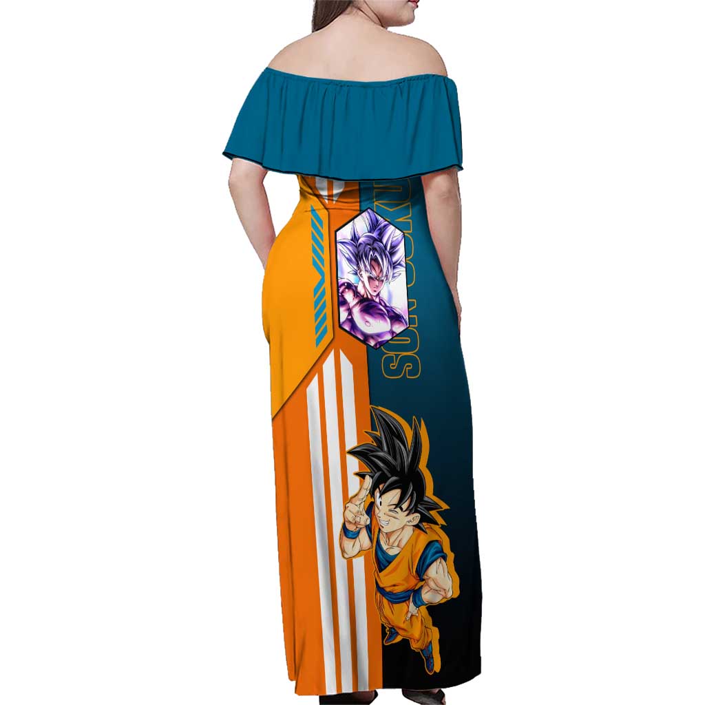 Son Goku from Dragon Ball Family Matching Off Shoulder Maxi Dress and Hawaiian Shirt with Orange Gi, Power Pose, and Energy Effect Design - The Mazicc