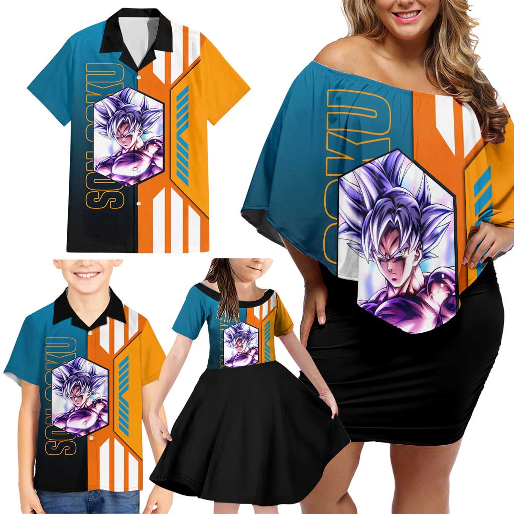 Son Goku from Dragon Ball Family Matching Off Shoulder Short Dress and Hawaiian Shirt with Orange Gi, Power Pose, and Energy Effect Design - The Mazicc